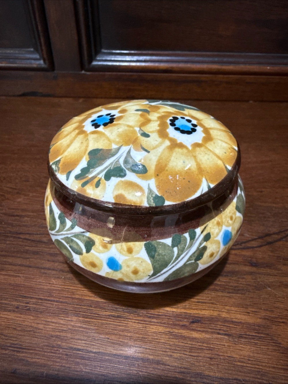 Vintage Mexico Tonala Three-Footed Pottery Hand Painted Round Trinket Box